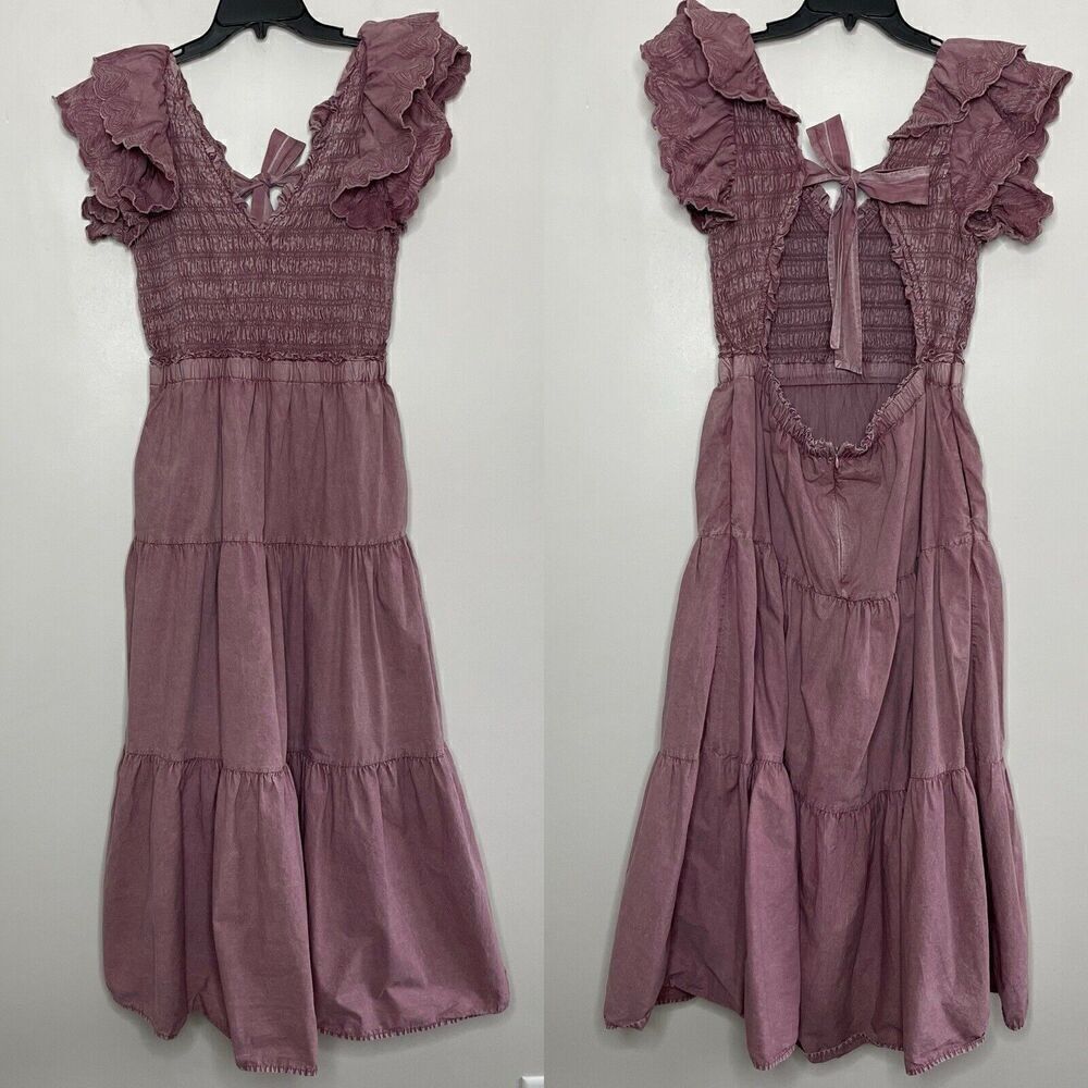 Sea New York Dress Womens 14 Heidi Heart Pink Cotton Smocked Open Back Midi